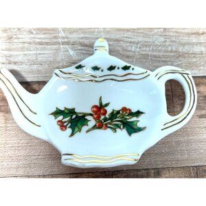 Vintage Christmas Tea Caddy Spoon Rest Bone China Holly Berries Gold Accent